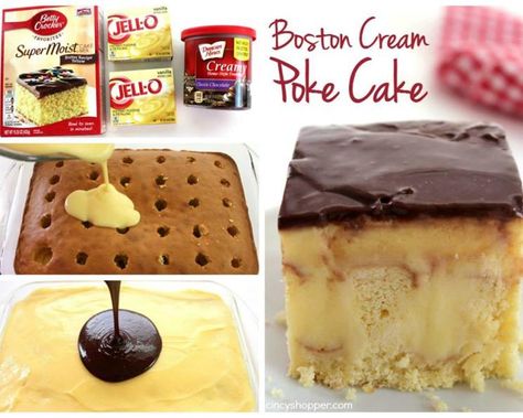 Boston Cream Poke Cake Recipe, Boston Cream Poke Cake, Cream Poke Cake, Boston Cream Cake, Boston Cream Pie, Poke Cake Recipes, Boston Cream, Poke Cakes, Vanilla Pudding Mix