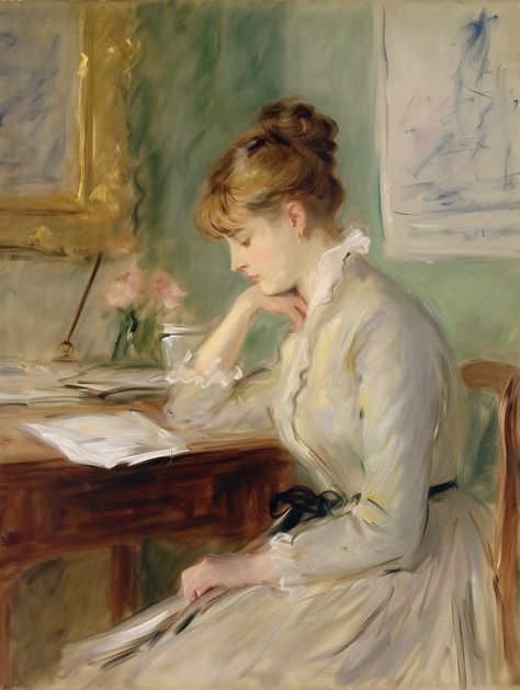 Regency Portraits Woman, Victorian Art Studio, Victorian Art Drawings, Victorian Paintings Of Women, Victorian Woman Painting, Victorian Woman Art, Painting Desk, Sitting At Desk, Victorian Paintings