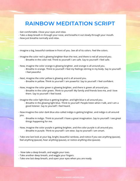 Use this Rainbow Meditation Script to help build inner strength and character. Guided imagery and colorful rainbows make it fun for kids. #teaching #parenting #preschool #guidedvisualization #meditation #rainbows #deepbreathing #characterbuilding  #innerstrength Meditation For Kids, Meditation Kids, Guided Meditation Scripts, Visualization Meditation, Guided Relaxation, Meditation Scripts, Guided Visualization, Guided Imagery, Yoga Mindfulness