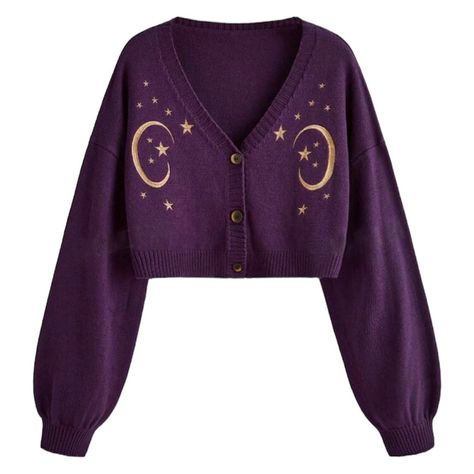 Purple Casual Button, Rib-Knit Galaxy V Neck Long Sleeve Regular Drop Shoulder Regular Fit Slight Stretch Hand Wash Or Professional Dry Clean No Purple Space Outfit, Cute Print Sweater, Purple Clothes Women, Moon Aesthetic Clothing, Purple And Blue Clothes, Dark Purple Cardigan Outfit, Purple Gold Outfit, Purple Inspired Outfits, Cosmic Goth Outfits