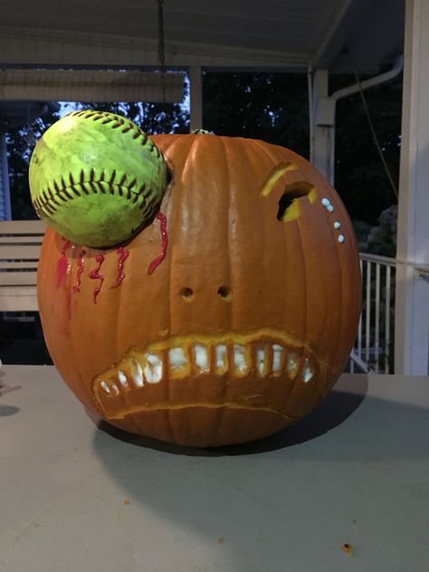 Softball Pumpkin Ideas, Scarecrow Faces, Halloween Softball, Halloween Core, Disney Pumpkin Painting, Childrens Halloween Party, Softball Tournament, Softball Ideas, Pumpkin Smash