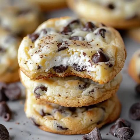 Chocolate Chip Cheesecake Cookies Cheesecake Chocolate Chip Cookies, Chocolate Chip Cream Cheese Cookies, Chocolate Chip Cheesecake Cookies, Chocolate Chip Cheesecake Cookies Recipe, Fun Cheesecake Recipes, Chocolate Chip Cookies Ingredients, Chocolate Chip Cheesecake, Food Sketch, Cheese Cookies