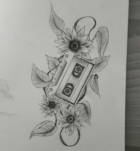 Music Is My Therapy Tattoo, Cassette Tattoo Design, Cassette Tape Tattoo, Cassette Tattoo, Commercial Background, Side Tat, Music Drawing, Lillies Tattoo, Bike Tattoos