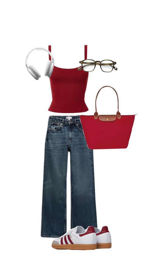 🎈 red outfit 🎈 #red #outfit #longchamp #samba #appleheadphones Red Color Combos Outfits, Red Outfit Color Combos, Red Longchamp Bag Outfit, Red Top Outfit Aesthetic, Cute Red Outfits, Red Tank Top Outfit, School Spirit Outfit, Longchamp Bag Outfit, Red Top Outfit