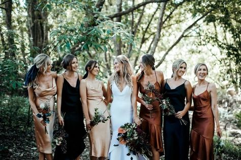 Bridesmaids in mismatched dresses of bronze, gold, and black Black Bridesmaid Dress Mismatched, Bronze Bridesmaid Dresses, Wine Red Bridesmaid Dresses, Copper Bridesmaid Dresses, Different Bridesmaid Dresses, Bride Reception Dresses, Fall Bridesmaids, Fall Bridesmaid Dresses, Beautiful Bridesmaid Dresses