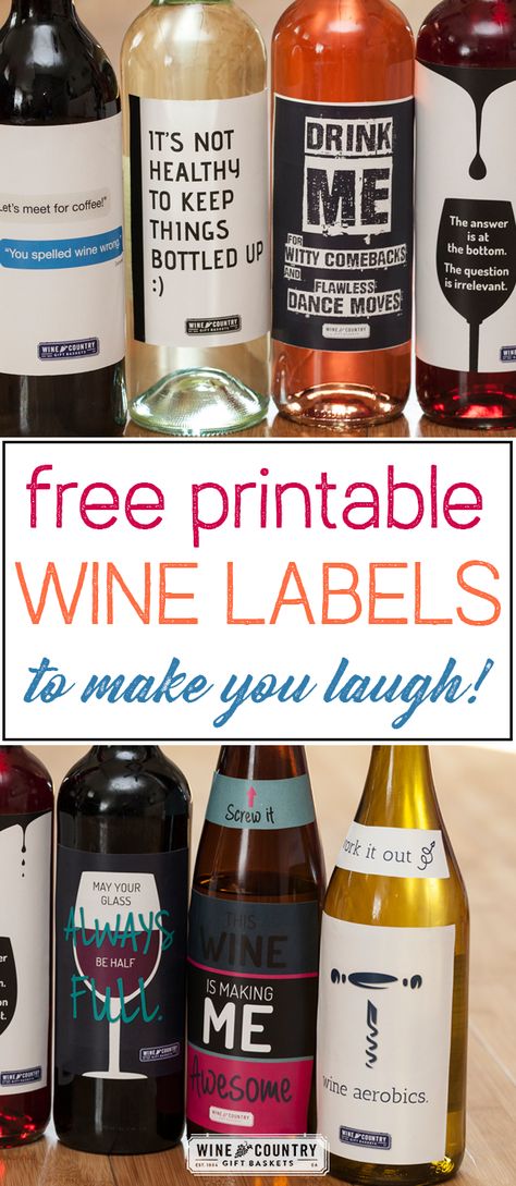 These printable wine labels are perfect for parties, gifting bottles of wine, or just to make you laugh before the cork is popped! Best of all, they're FREE! Fun Wine Bottle Labels, Fun Wine Labels Funny, Funny Wine Bottle Labels Hilarious, How To Make Wine Labels With Cricut, Funny Wine Labels Hilarious, Wine Lable Ideas, Christmas Wine Tags Printable Free, Homemade Wine Labels, Wine Bottle Label Design Ideas