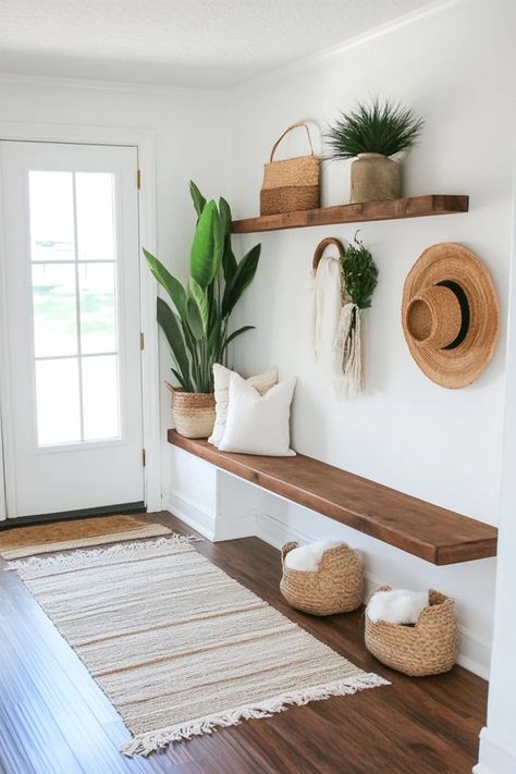 "Simplify your entryway with DIY Minimalist Shelves! 🛠️🚪 Perfect for adding style and function. #MinimalistEntryway #DIYShelves #HomeOrganization" Minimal Home Aesthetic, Minimalist Entryway Ideas, Tiny Entryway Ideas, Functional Entryway Ideas, Boho Entryway Ideas, Tiny Entryway, Entryway Minimalist, Minimalist Entryway, Boho Entryway