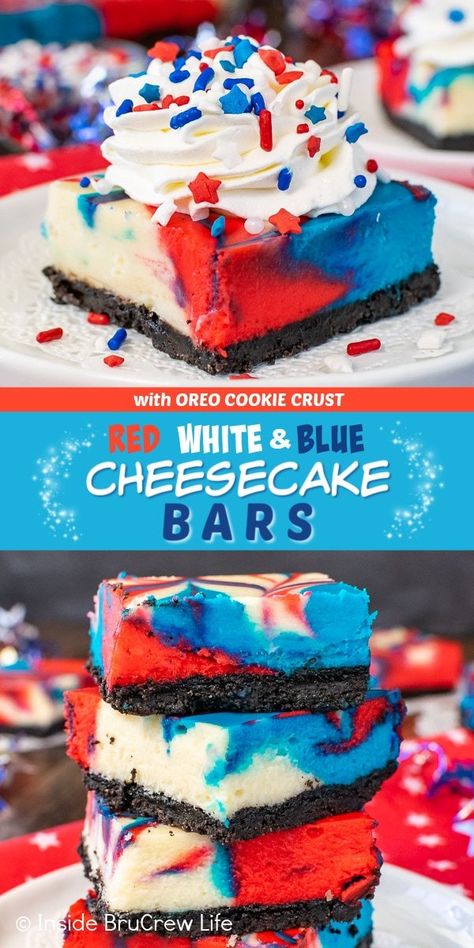 Red White and Blue Cheesecake Bars - swirls of colors make a fun fireworks pattern on these vanilla cheesecake bars. Easy recipe to share for 4th of July parties or summer picnics. Cake Bars Easy, Red White And Blue Cheesecake, Blue Cheesecake, Cheesecake Bars Easy, 4th July Food, Marshmallow Brownies, Weight Watcher Desserts, Patriotic Food, Patriotic Desserts