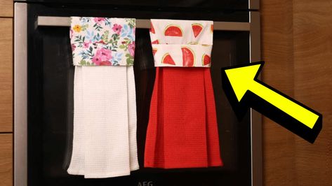 Free Pattern For Hanging Kitchen Towel, Oven Hanging Tea Towel Diy, Diy Hand Towels Sewing, Towel Diy Ideas, Kitchen Hand Towels Hanging Pattern, Sew Hand Towels, Oven Towels Pattern, Dish Towels Diy How To Make, Hanging Kitchen Towels Diy Free Pattern Ideas