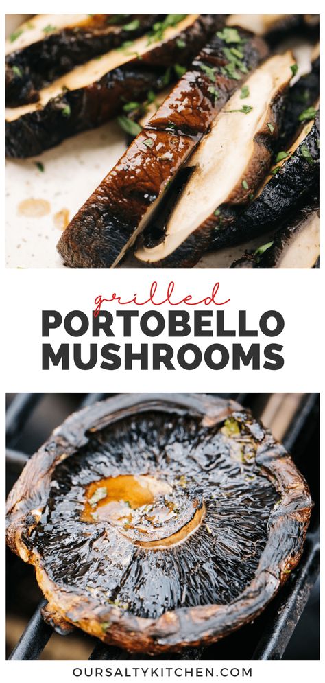 Grilled portobello mushrooms are a great beginner grilling recipe. They're so simple to make, and the umami flavor is unmatched! Simple marinate, grill, flip, rest, and serve. Slice the portobellos and serve as a side dish with your favorite protein, go meatless and serve with polenta or pasta, or use a bun substitute for keto, paleo, and whole30 diets. They're so healthy and flexible - literally perfect for everyone! #grilling #grilled #portobellomushrooms #vegan #keto #whole30 Grilling Portabella Mushrooms, Grilled Portobello Mushrooms, Grilled Portobello Mushroom Caps, Grilled Portabella Mushroom Recipes, Portobello Mushroom Recipes Healthy, Marinated Grilled Mushrooms, Grilled Portobello Mushroom Recipes, Grilled Portabella Mushrooms, Grill Night