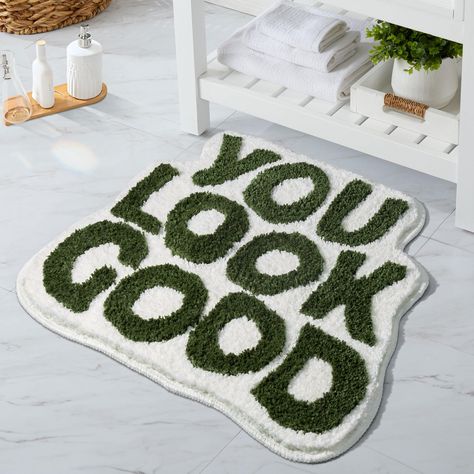 PRICES MAY VARY. Designed Cute Bath Mat: The sage green bathroom rug is printed with the letters "You look good", adding a stylish and aesthetic style element to your bathroom. The unique design can make you have a good mood every day, inject confidence and energy. We hope this cute rugs can bring you a good experience. Ultra Soft Absorbent: Made of 100% high quality polyester microfiber material, this irregular shaggy cute bath rug is ultra absorbent. Absorb moisture quickly to keep your floor You Look Good Bath Mat, You Look Good Rug, Emerald Green And Gold Bathroom Decor, Dark Olive Bathroom, Green Mood Board Aesthetic, Pink And Green Apartment, Green Apartment Decor, Sage Green Bathroom Decor, Green House Decor