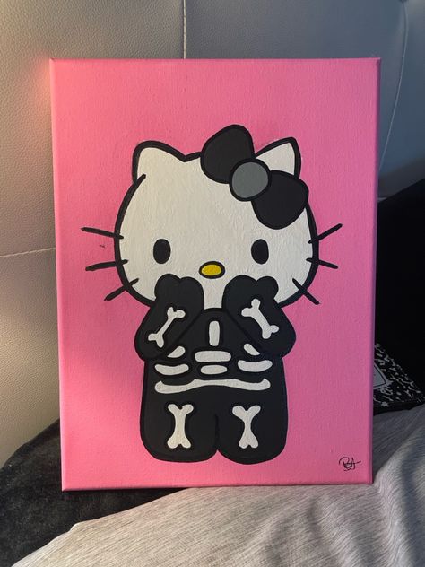 Sanrio Emo Canvas Painting, Easy Coraline Painting, Painting Ideas On Canvas Hello Kitty, Halloween Paint Night, Hello Kitty Canvas Painting, Halloween Paintings On Canvas Easy, Painting Ideas On Canvas Halloween, Hello Kitty Painting Ideas, Halloween Painting Ideas On Canvas