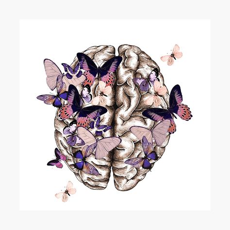 Brain And Butterfly Tattoo, Psychology Wallpaper Aesthetic Logo, Brain Butterfly Tattoo, Brain With Butterflies, Aesthetic Brain Art, Psychology Art Illustrations, Brain Art Creative, Purple Psychology, Psychology Logo Design Art