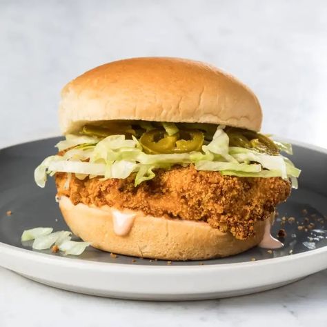 Air-Fryer Spicy Fried-Chicken Sandwich | America's Test Kitchen Recipe Fried Sandwiches, Spicy Fried Chicken Sandwich, Fried Fish Sandwich, Roasted Vegetables With Chicken, Spicy Chicken Sandwich, Greek Chicken Kabobs, Bacon Corn Chowder, Grilled Chicken Kabobs, Chicken Noodle Soup Crock Pot