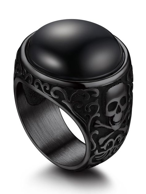 PRICES MAY VARY. 🖤 Original Bandmax Design 🖤 18MM round-cut black onyx inserted, polished and smooth surface, definitely charming and eye-catching. The band is well-crafted with beautiful vintage pattern and skull crossbone symbol on the both sides, a cool stylish signet ring for men. 🖤 Top Quality Material 🖤 Make with 100% 316L stainless steel, high durability and stability, last color-retention, no Green Finger, smooth inner band, comfortable to wear. 🖤 Dimension & Size 🖤 Black onyx: 18mm diameter; Band height: 21.1mm,thickness: 2mm; Net weight: 16g. We offer ring sizes from US 07-US 14. 🖤 Packaging 🖤 Comes with a Bandmax Brand gift box + a black velvet pouch, overall looks minimalist and high-class. A beautiful stylish ring for yourself or sending as a cool gift to friend,family Mens Onyx Ring, Goth Wedding Rings Men, Black Onyx Ring Men, Goth Wedding Ring, Goth Rings, Black Onyx Rings, Black Skull Ring, Onyx Rings, Onyx Ring Men