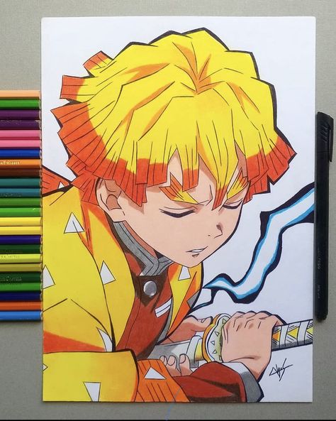 Demon Slayer Painting Zenitsu, Zinetsu Drawing, Zenitsu Painting Canvas, Drawing Of Zenitsu, Demon Slayer Drawing Zenitsu, Anime Color Pencil Art Drawings, Demons Layer Drawing, Demon Slayer Sketch Zenitsu, How To Draw Zenitsu