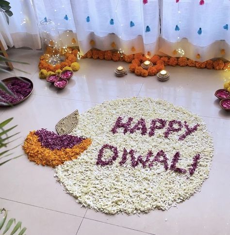 Stairs Decor Ideas For Diwali, Diwali Rangoli Of Flowers, Flower Rangoli Ideas For Diwali, Ram Flower Rangoli, Happy Diwali Decoration, Deepavali Kolam Rangoli Designs, Easy Rangoli Flower Designs, Flower Diwali Rangoli, Jambheshwar Bhagwan