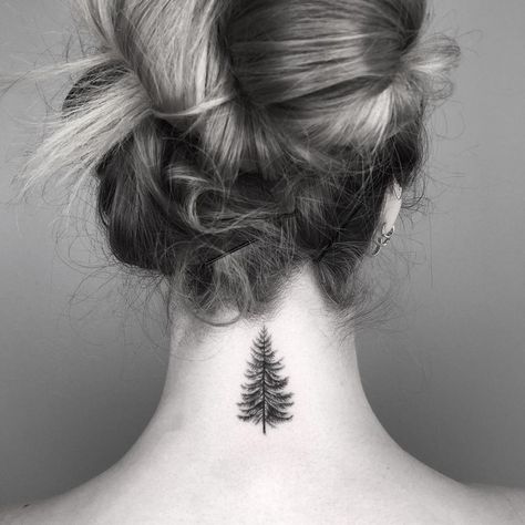 Tree Tattoo On Neck, Minimal Tattoo Neck, Tattoo Ideas January, The World Tattoo, Tattoos Tree, Pair Tattoos, Pine Tattoo, Tattoo On Neck, Neck Tattoo Ideas