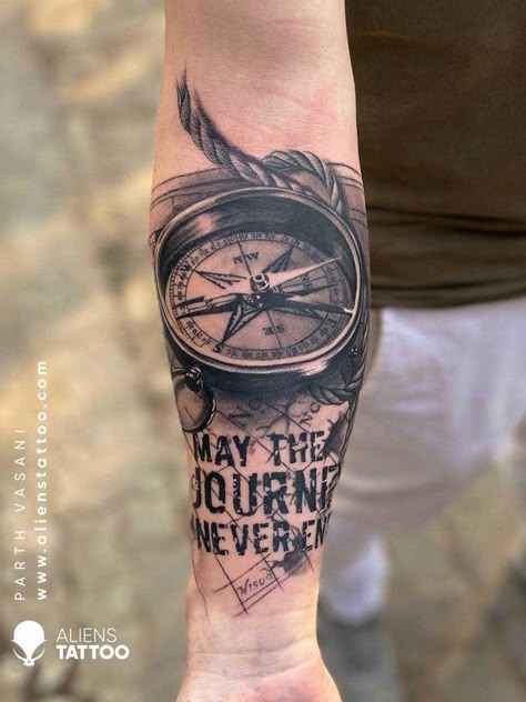 Best Travel Tattoo Ideas For Travelers | Aliens Tattoo Compass On Back Tattoo, Travel Tattoo Men Forearm, Mens Travel Tattoo Ideas, Best Tattoo For Arm Men, Men Compass Tattoo Ideas Arm, Toy Tattoo Ideas, Travel Idea Tattoos, Guy Tattoos Ideas Men Arm, Travel Tattoo Designs Men