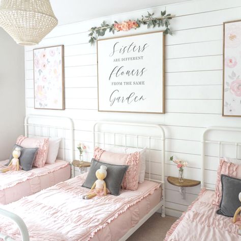 Darling shared girls bedroom in blush pink, grey, white, gold with floral decor. "Sisters are different flowers from the same garden" by Ellison Made Sisters Are Different Flowers, Sister Bedroom, Sister Room, Shared Girls Room, Shared Girls Bedroom, Floral Bedroom, Loft Bedroom, Toddler Girl Room, Shared Bedroom