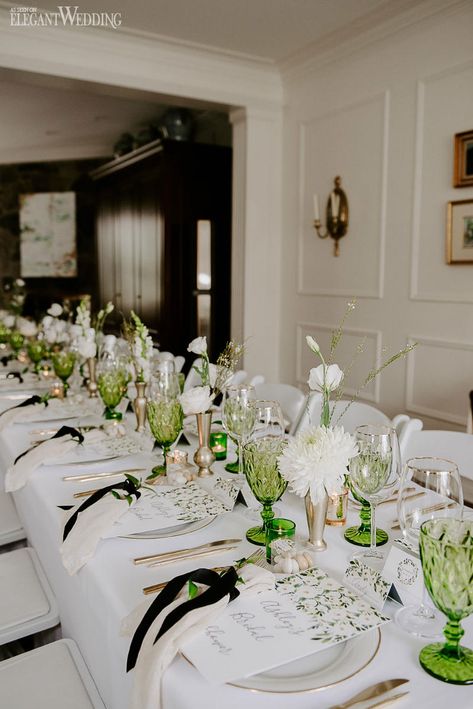 Shades Of Green Bridal Shower Decor, Black Brunch Decor, Black And Green Bridal Shower Ideas, Black White Green Bridal Shower Ideas, Brunch Event Decor, Green Themed Bridal Shower Ideas, Bridal Shower Themes Black And White, Green And White Bridal Shower Ideas, Black Tie Bridal Shower Ideas