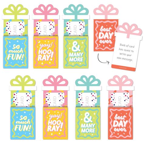 "Party Time Nifty Gifty Card Holders: *Includes 8 Gift Card Holders  *Professionally Printed, Double-Sided on Sturdy Cardstock Paper *Space to Write a Personal Message *Includes 8 High-Quality, White Envelopes  *For Use with Standard-Sized Gift Cards or Cash Take the guesswork out of \"what to give\" your guests of honor when you hand them these Party Time Nifty Gifty Card Holders filled with money or pre-paid gift cards. Each card holder is professionally printed on heavy-duty cardstock paper, with a unique cut and design that is sure to stand out. To prepare your gift, simply pull the insert out of the card holder sleeve and insert money or a gift card into the pre-cut tabs. You can even use the space on the back of the insert to write a personal message. For all your next happy birthday Birthday Gift Card Holder, Cash Gift Card, Gift Card Holders, Birthday Gift Cards, Money Cards, Card Sleeves, Happy Birthday Parties, Big Dot Of Happiness, Gift Card Holder