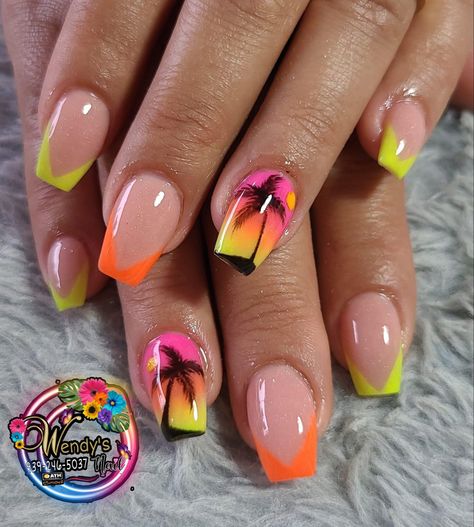 French Tip Nails With Tropical Design, Palm Tree French Tip Nails, French Nails With Palm Tree, Palm Tree Nails Short, Tropical Nail Art Vacations, Tropical Nail Designs Bright Colors, Vacation Nails Palm Trees, Neon Sunset Nails, French Tip Tropical Nails