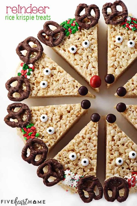 Reindeer Rice Krispie Treats Recipe ~ a cute, festive, and easy to make Christmas recipe that's a fun holiday project for the kids and a yummy treat to share with neighbors and friends! | FiveHeartHome.com Christmas Rice Krispie Treats, Rice Krispie Treats Christmas, Christmas Rice, Rice Krispie Treats Recipe, Xmas Treats, Krispie Treats Recipe, Christmas Candy Recipes, Rice Krispy, Holiday Snacks