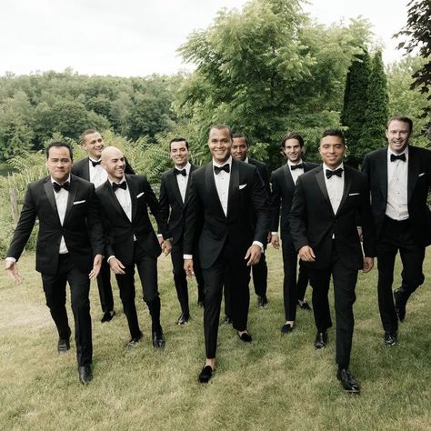 Bow ties for the groom and groomsmen will never go out of style. Classic, sophisticated and can be fun, as well. #weddingbowtie #groomsmenbowtie Formal Groomsmen Attire, Black Wedding Suit Groom, Black Bow Tie Wedding, Groomsmen Attire Black, Bow Tie Suit, Groomsmen Looks, Wedding Tux, Groom Bowtie, Groomsmen Bowtie