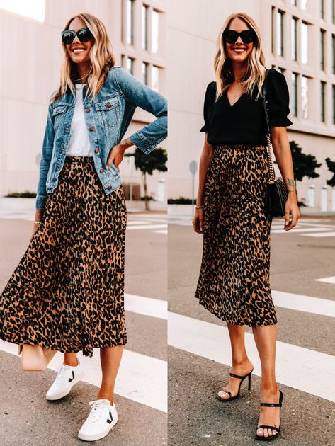 Skirt And Sneakers Outfit, Animal Print Skirt Outfit, Leopard Midi Skirt Outfit, Print Skirt Outfit, Leopard Skirt Outfit, Printed Skirt Outfit, Rok Midi, Rok Outfit, Skirt Outfit Ideas