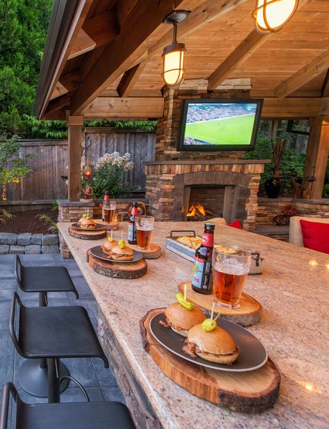 Awesome backyard retreat is the perfect place to watch the game and/or entertain friends and family. #outdoorliving #outdoorkitchen Outdoor Kitchen Countertops, Outdoor Kitchen Decor, Outdoor Kitchen Appliances, Backyard Pavilion, Backyard Kitchen, Outdoor Kitchen Patio, Ideas Backyard, Diy Outdoor Kitchen, Have Inspiration