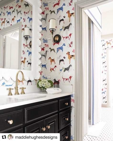 Cat Wallpaper Bathroom, Kid Bathroom Wallpaper, Boys Bathroom Wallpaper, Dog Print Wallpaper, Kids Bathroom Wallpaper, Bathroom Features, Jack And Jill Bathroom, Custom Shower Curtains, Brass Pulls