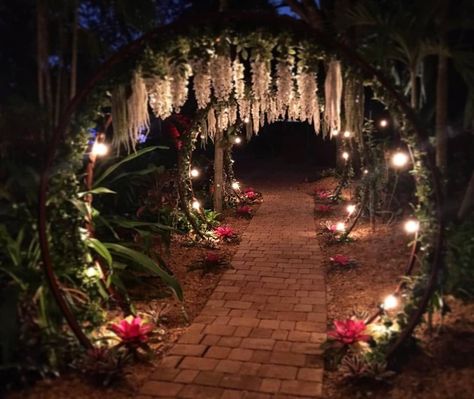 Moon Gate Aesthetic, Fantasy Themed Wedding Dresses, Dark Forest Prom Theme, Magical Garden Fantasy Night, Fairy Garden At Night, Outdoor Wedding Venues Enchanted Forest, Forest Wedding Diy Decor, Garden Wedding Night Outdoor, Outdoor Christmas Wedding Ideas