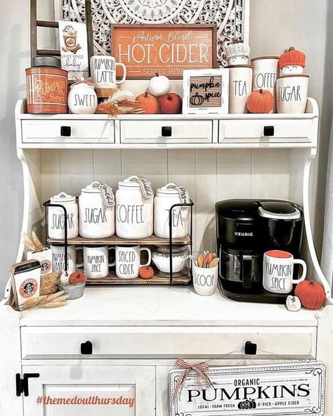 Spring Coffee Bar, Rae Dunn Coffee Bar, Fall Rae Dunn, Coffee Hutch, Coffee Bar Hutch, Bar Hutch, Coffee Bar Ideas, Pumpkin Tea, Spring Coffee