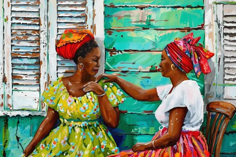 Grenada Art Print Two Ladies Headscarves Caribbean House Caribbean Art Print Gift West Indies Art, Caribbean House, Caribbean Homes, Real Painting, Caribbean Art, African Art Paintings, Print Techniques, Two Ladies, Black Art Painting