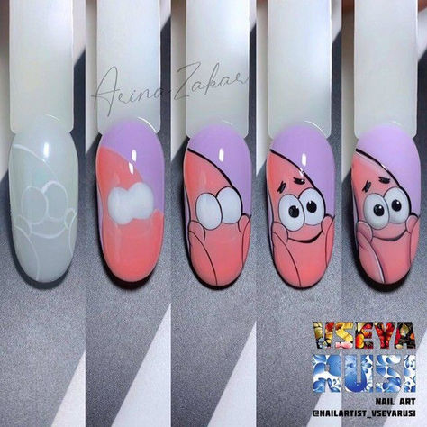 Disney Nails Art, Spongebob Nail Art, Spongebob Nails, Cartoon Nail Designs, Disney Acrylic Nails, Unghie Nail Art, Art Deco Nails, Nail Drawing, Nail Designs Tutorial