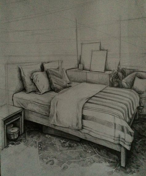 Bedroom Pencil Drawing, Drawing Bedroom Sketches, How To Draw Carpet, Bedroom Sketch Drawings, Carpet Drawing Sketch, Bedroom Reference Drawing, Bed Drawing Sketches, Bedroom Perspective Drawing, Anime Room Illustration