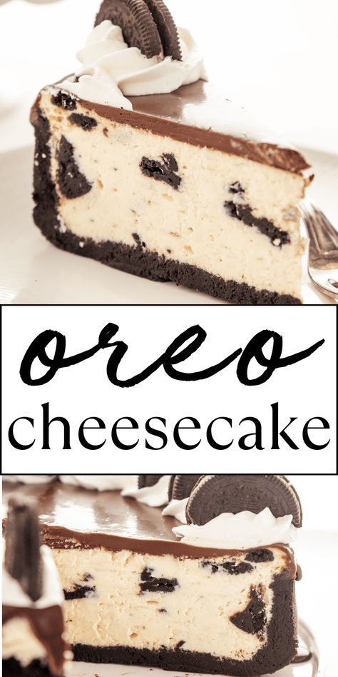 This Oreo Cheesecake Cheesecake recipe is a deliciously creamy and indulgent dessert with a chocolate cookie crust, chunks of Oreo cookie, and a decadent chocolate ganache topping. It's the CREAMIEST homemade Oreo cheesecake that's easy to make with our pro tips, tricks and secrets! Recipe from thebusybaker.ca! #oreocheesecake #cheesecake #oreodessert #bestcheesecakerecipe #oreocheesecakerecipe via @busybakerblog Oreo Cheesecake Factory Recipe, Oreo Baked Cheesecake, Halloween Oreo Cheesecake, Cookies And Cream Cheesecake Recipes, Oreo Crumbs Recipes Desserts, Oreo Cookie Cheesecake Recipe, Recipes Using Oreos, Boba Cart, Baked Oreo Cheesecake