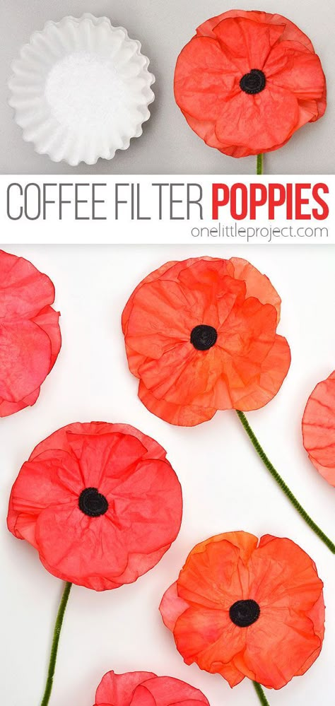 These coffee filter poppies are SO PRETTY and really easy to make! This is such a fun craft for kids, tweens, teens, adults, and seniors. It's an easy craft for Remembrance Day or Veteran's Day, and these DIY flowers also make the perfect homemade gift for Mother's Day. They look great as a party decoration for baby showers and weddings too! Memorial Day Classroom Decorations, Poppy Craft For Toddlers, Memorial Crafts For Toddlers, Memorial Day Crafts For Toddlers, Infant Crafts, Remembrance Day Art, June Crafts, Coffee Filter Crafts, Folding Origami