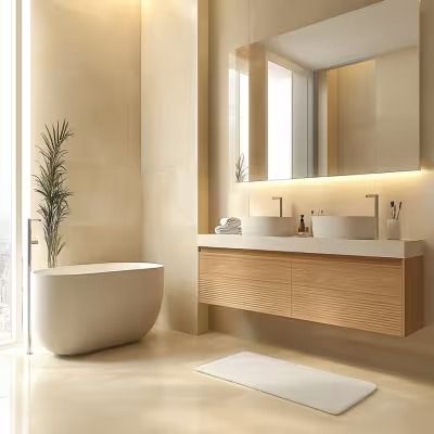 Contemporary Beige Bathroom Design With White Bathroom Counterop And Wooden Vanity Unit Blue Small Bathrooms, Modern Beige Bathroom, Bathroom Design Wood, Toilet Interior, Wooden Vanity Unit, Grey Bathrooms Designs, Marble Bathroom Designs, Latest Bathroom Designs, White Marble Bathrooms