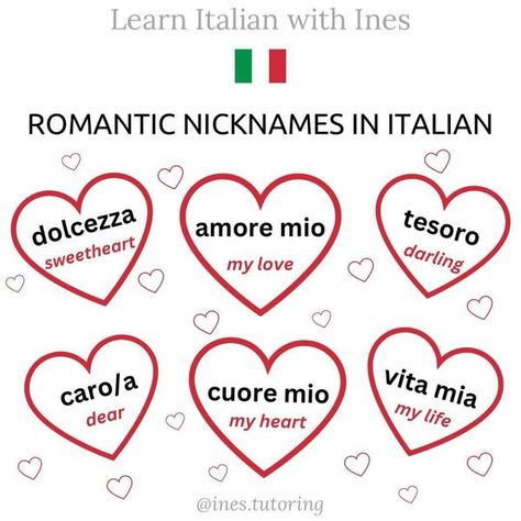 Learn Italian with Ines Italian Terms Of Endearment, I Love You In Italian, Italian Sayings With Translation, Learning Italian Aesthetic, Italian Words Aesthetic, Italian Language Aesthetic, Pretty Italian Words, Italian American Aesthetic, Cool Italian Words