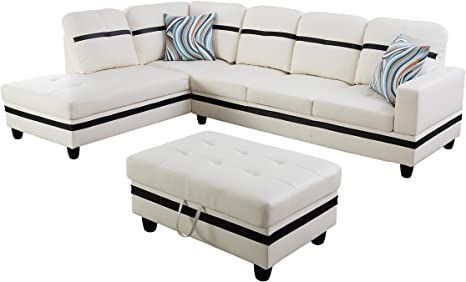 Star Home Living Left Sectional Ottoman & Two Pillows Sofas, 103.5" W x 74.5" D x 35" H, 9514A, White with Black Stripe Faux Leather Sectional, Contemporary Sectional Sofa, 3 Piece Sectional Sofa, White Sectional, Sectional Ottoman, Sectional Sofa With Chaise, Sectional Sofas Living Room, Faux Leather Sofa, Leather Sofa Set