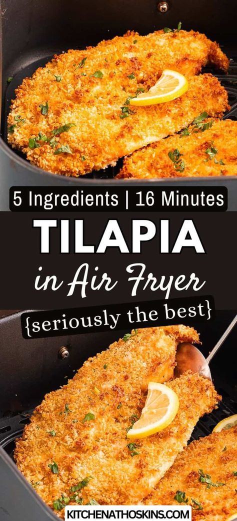 Learn how to make the best air fryer tilapia with breading that is healthy, easy to make in under 20 minutes and can be easily adaptable with frozen tilapia fish fillets. The panko breading gets super crispy and it is an ideal tilapia dinner idea using just 5 ingredients. Get the easy crispy tilapia in air fryer at kitchenathoskins.com. Air Fryer Tilapia, Tilapia Dinner, Breaded Tilapia, Air Fried Fish, Air Fryer Fish Recipes, Tilapia Recipe, Air Fryer Fish, Fish Dinner Recipes, Dinner Sandwiches