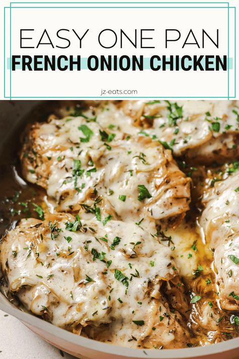 Savory and nostalgic, this French Onion Chicken is a one-pan recipe that's perfect for a hearty weeknight dinner. The comforting flavors of French onion soup pair with tender chicken breasts for a delicious meal with easy clean up. French Onion Chicken And Rice Skillet, One Pan French Onion Chicken And Rice, Chicken Breast Onion Soup Mix Recipe, Lipton French Onion Chicken, French Onion Soup Chicken Crock Pot, Chicken Recipes With Onion Soup Packet, Perdue Chicken Shortcuts Recipes, Good Sunday Dinner Ideas, Lipton Onion Soup Mix Chicken