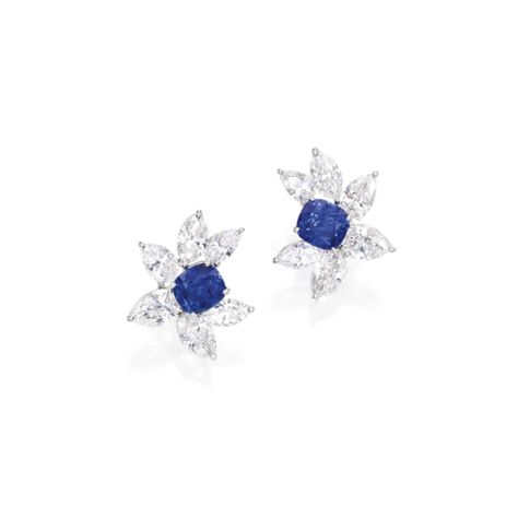 Pair of Platinum, Sapphire and Diamond Earrings | lot | Sotheby's Princess Diamond Earrings, Sapphire Jewellery, Tanzanite Studs, Feather Earrings Silver, Blue Sapphire Jewelry, Sapphire And Diamond Earrings, Color Stones, Earrings Studs, Sapphire Earrings