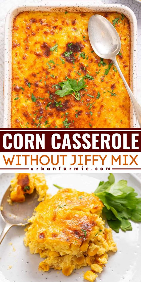 This corn casserole without jiffy blends sweet and creamed corn into a savory, golden delight. Seasoned with a hint of nutmeg and garnished with parsley, this is pure homemade goodness. Corn Casserole With Cornmeal, Joanna Gaines Corn Casserole, Vegan Corn Casserole Jiffy, Corn Souffle Casserole, Corn Casserole No Jiffy, Corn Casserole Recipe Without Jiffy, Vegan Corn Casserole Recipe, Corn Casserole For A Crowd, Corn Casserole Jiffy Easy