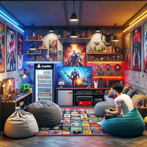 #VideoGamer's dream man cave with neon-lit walls, top-notch gaming gear, snug seating, mini fridge, and collectibles display. Perfect for immersive gaming experience! #GamingRoom #ManCave #GamersParadise #GamingSetup #GameCollectibles #RoomDecor Gaming Booth, Neon Gaming Room, Gaming Man Cave, Loft Decorating Ideas Upstairs, Dream Man Cave, Game Bedroom, Lofted Cabin, Collectibles Display, Games Room Inspiration