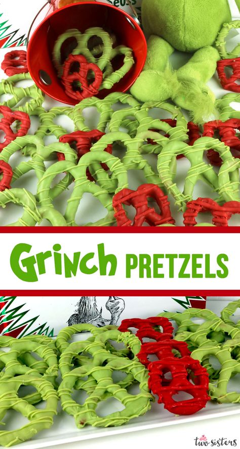 Grinch Pretzels, Heart Pretzels, Pretzels Christmas, Grinch Christmas Treats, Grinch Heart, Grinch Christmas Party, Grinch Party, Christmas Homemade, Grinch Christmas Decorations