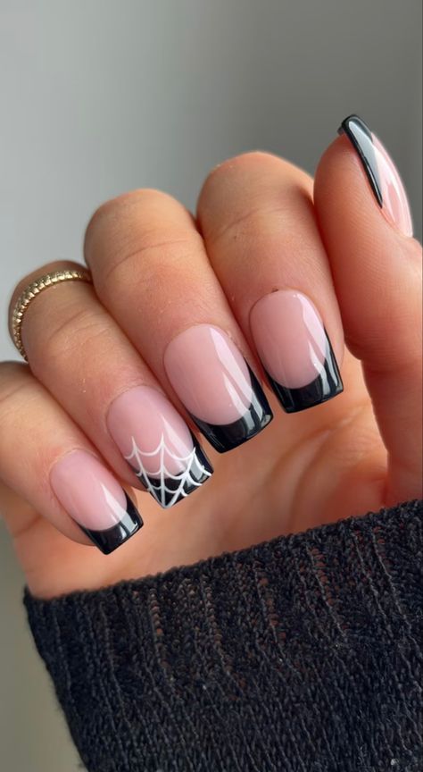 Cute Short Acrylic Nails For Halloween, Black French Tip Nails With Spider Web Accent, Coffin Nails Halloween Simple, Autumn/halloween Nails, Square Tip Halloween Nails, Nails For Halloween Simple, Simple Nail Designs For Short Nails Easy, Cute Nail Ideas For Beginners, Cute Halloween French Tip Nails