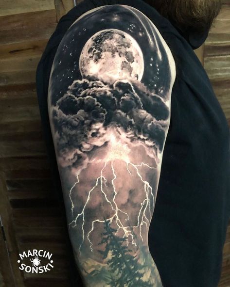 Black Cloud Tattoo, Space Tattoo Sleeve, Blitz Tattoo, Cloud Tattoo Sleeve, Cloud Tattoo Design, Storm Tattoo, Sky Tattoos, Night Tattoo, Lightning Tattoo